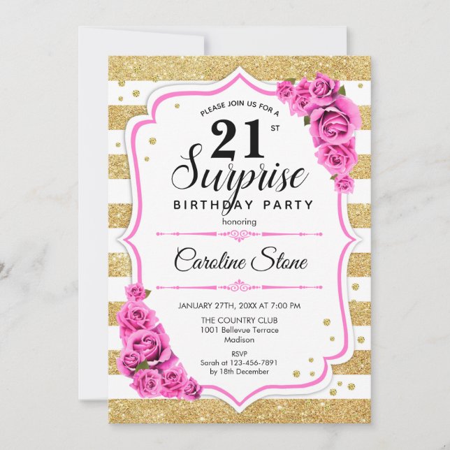Invitation Surprise 21e anniversaire - Gold White Pink (Devant)