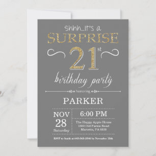 Invitation surprise 21e anniversaire Grey and Gold
