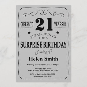 Invitation Surprise 21e anniversaire gris noir et argent