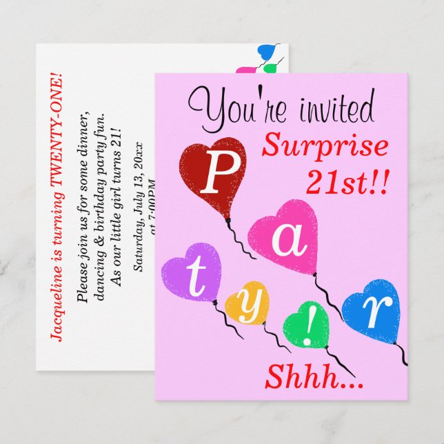 Invitation Surprise 21e anniversaire Heart Balloons Invitatio (Devant / Derrière)