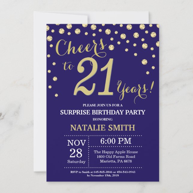 Invitation Surprise 21e anniversaire Marine Bleu et Diamant O (Devant)