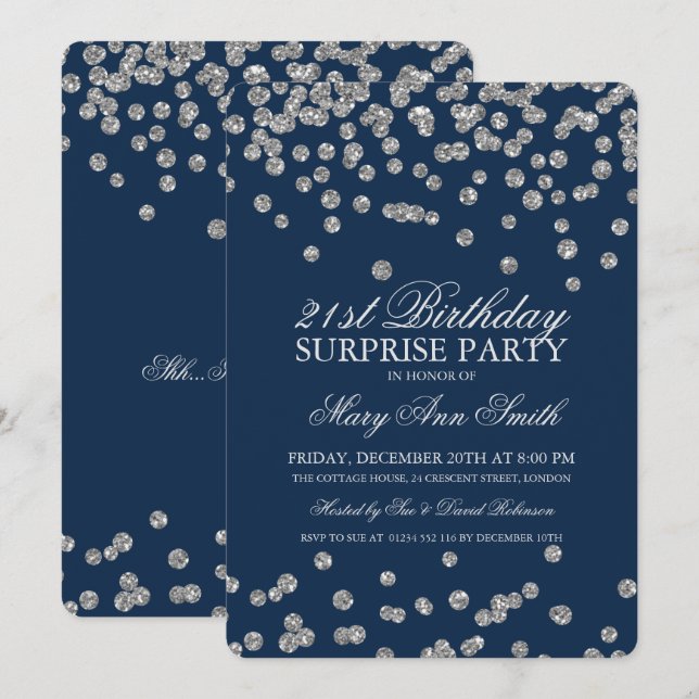 Invitation Surprise 21e anniversaire Parties scintillant d'ar (Devant / Derrière)