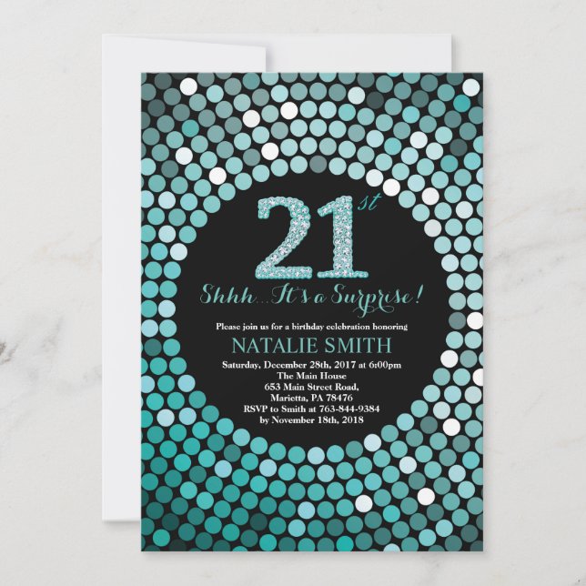 Invitation Surprise 21e anniversaire Parties scintillant noir (Devant)