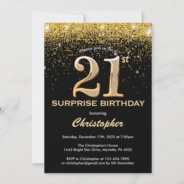 Invitation Surprise 21e anniversaire Parties scintillant noir (Devant)