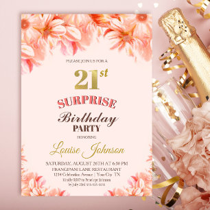 Invitation Surprise 21e anniversaire Pink Gold Floral Party