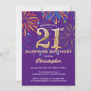 Invitation Surprise 21e anniversaire Purple and Gold Firework