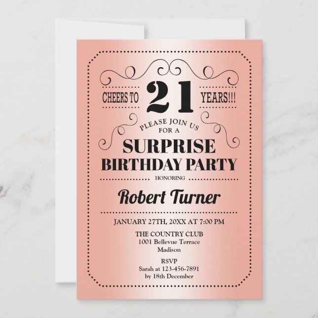 Invitation Surprise 21e anniversaire - Rose Gold Black (Devant)