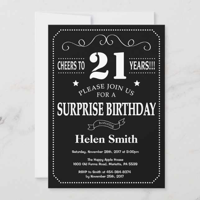 Invitation Surprise 21e anniversaire Tableau noir et blanc (Devant)