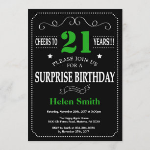 Invitation Surprise 21e anniversaire Tableau noir et vert