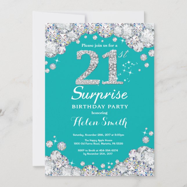 Invitation Surprise 21e anniversaire Turquoise et Silver Diam (Devant)