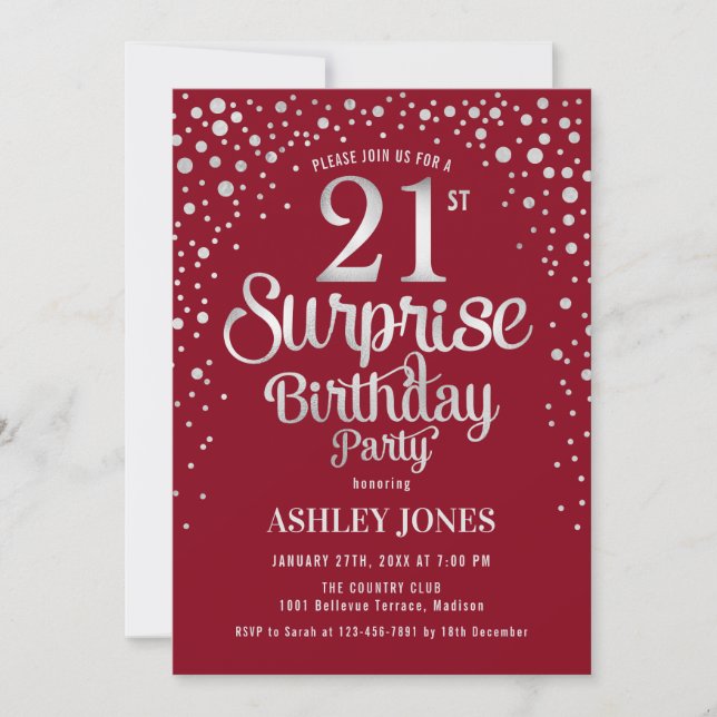 Invitation Surprise 21e fête d'anniversaire - Argent & Rouge (Devant)