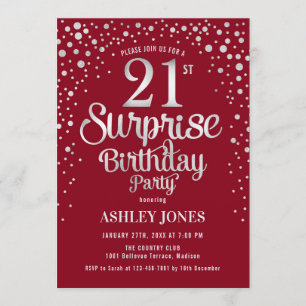 Invitation Surprise 21e fête d'anniversaire - Argent & Rouge