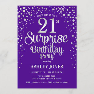 Invitation Surprise 21e fête d'anniversaire - Argent & Violet