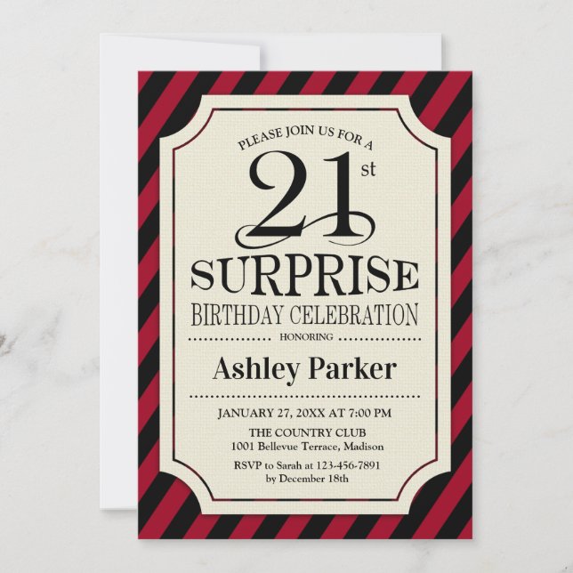 Invitation Surprise 21e fête d'anniversaire - Black Red Strip (Devant)