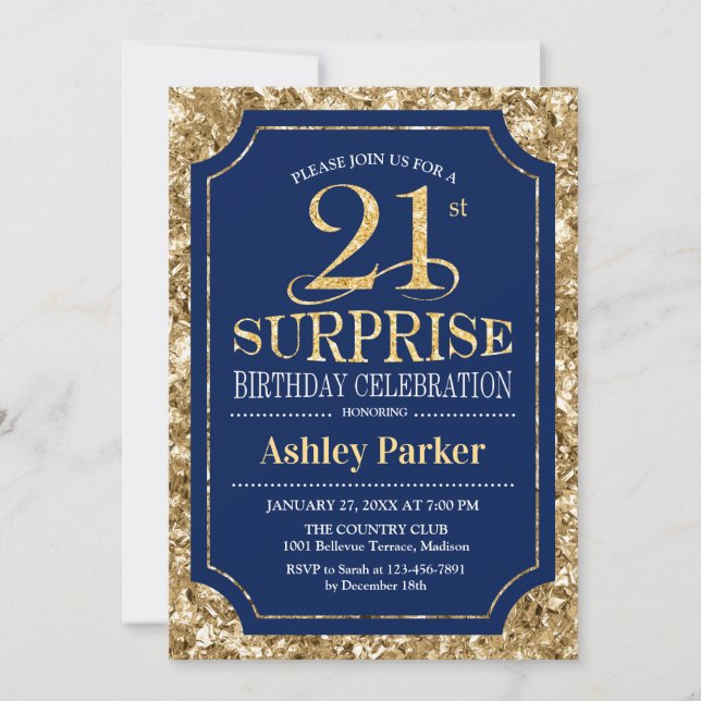 Invitation Surprise 21e fête d'anniversaire - Gold Navy (Devant)