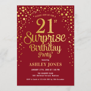 Invitation Surprise 21e fête d'anniversaire - Rouge & Or