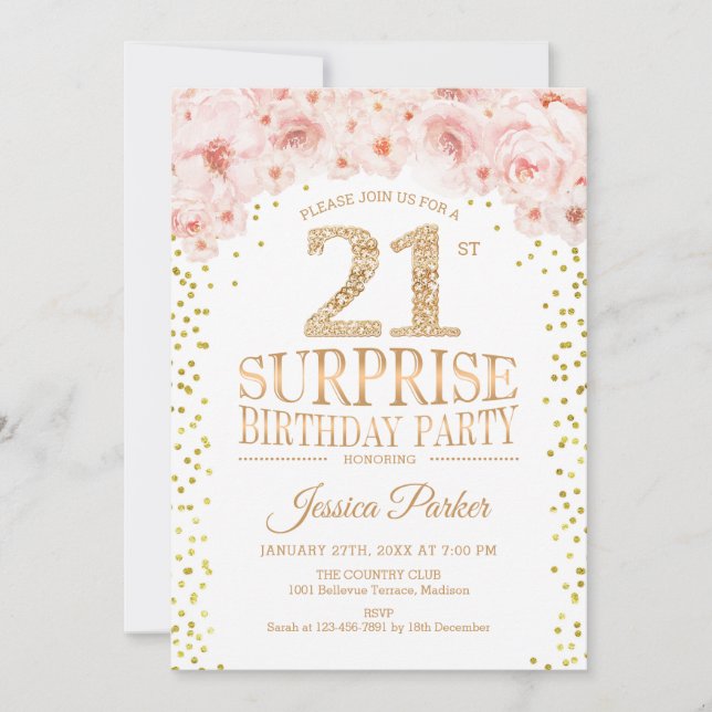 Invitation Surprise 21e fête d'anniversaire - White Gold Pink (Devant)