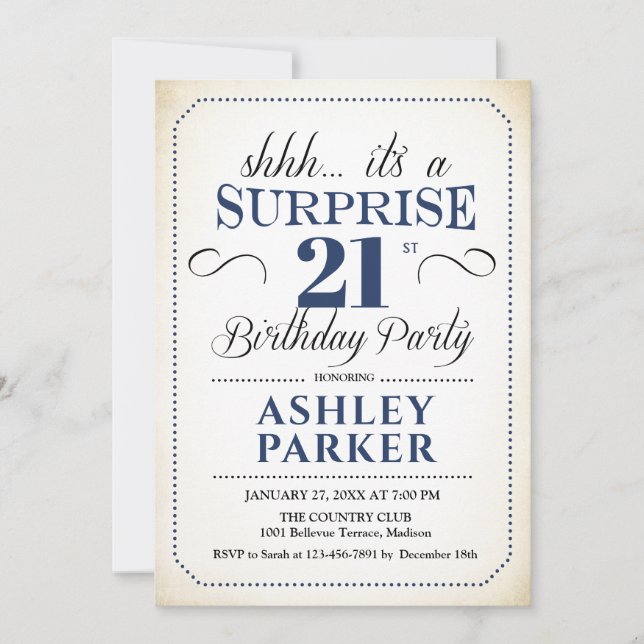 Invitation Surprise 21e fête d'anniversaire - White Navy (Devant)