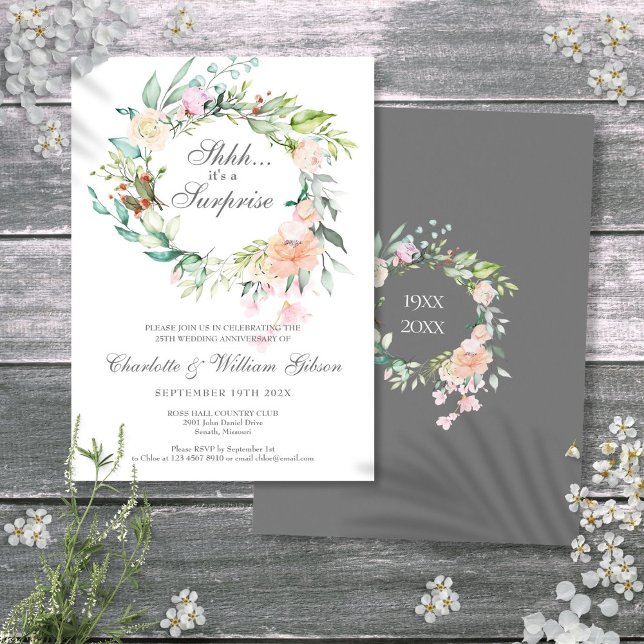 Invitation Surprise 25e anniversaire d'argent Rose verdure (Surprise 25th Silver Anniversary Roses Greenery Invitation)