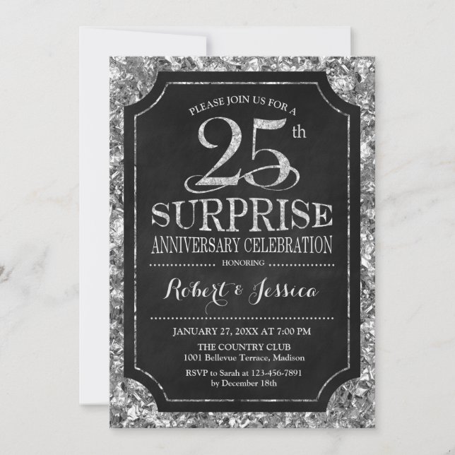 Invitation Surprise 25e anniversaire de mariage - Argent Noir (Devant)