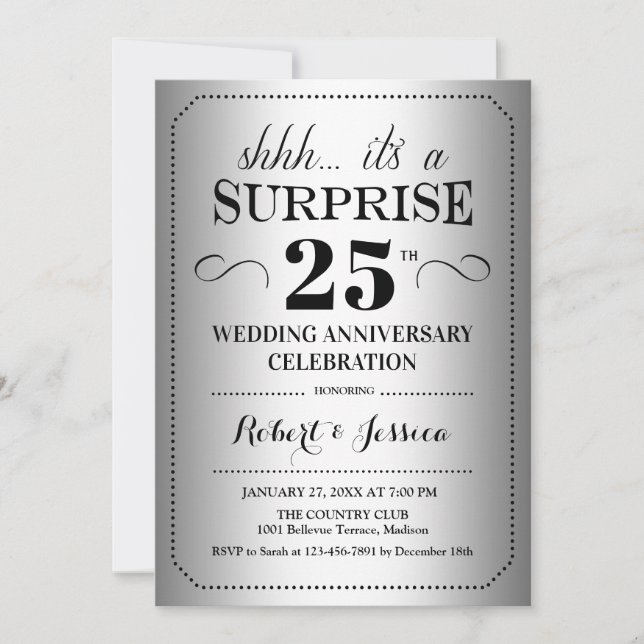 Invitation Surprise 25e anniversaire de mariage - Argent Noir (Devant)