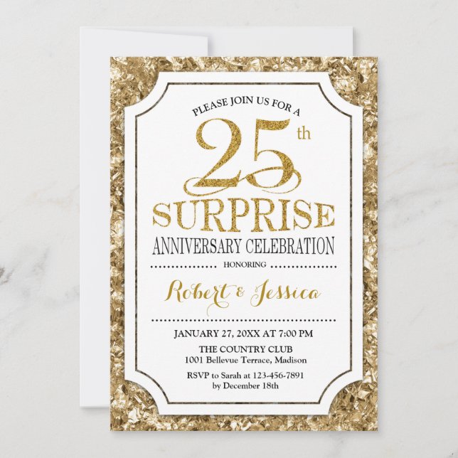 Invitation Surprise 25e anniversaire de mariage - Or blanc (Devant)