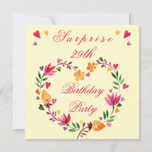 Invitation Surprise 29e anniversaire Watercolor Coeur floral