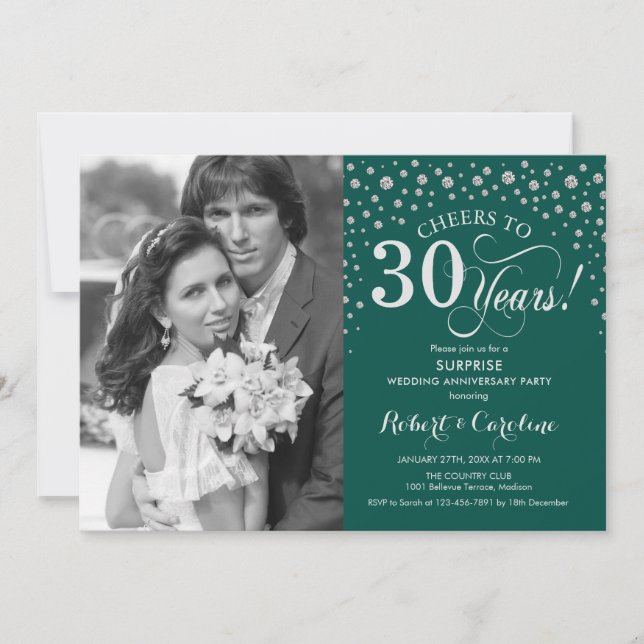 Invitation Surprise 30e anniversaire avec Photo Green Silver (Devant)