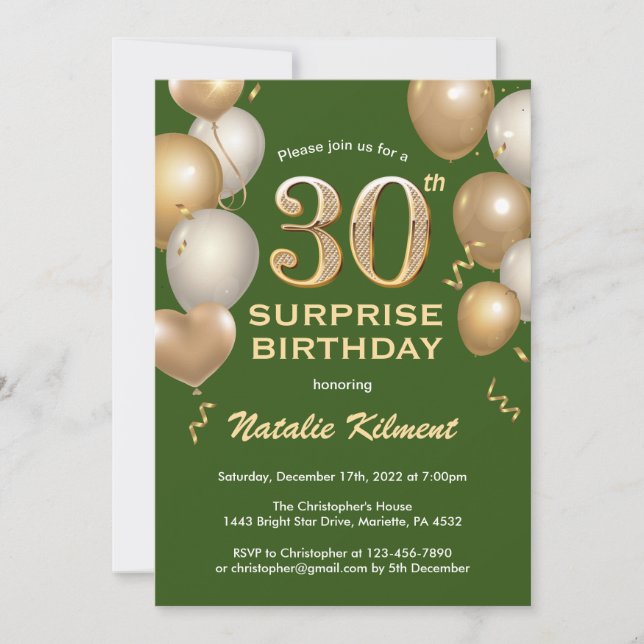 Invitation Surprise 30e anniversaire Ballons vert et or (Devant)