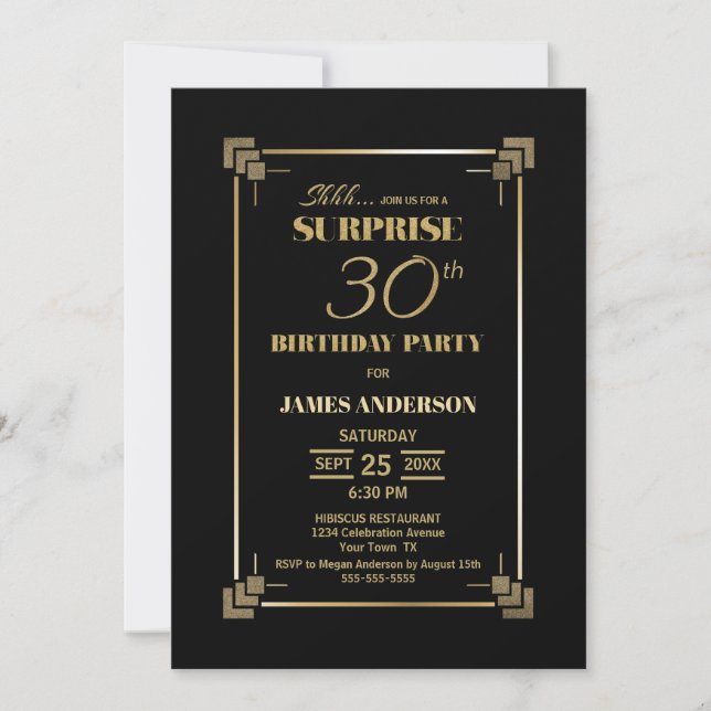 Invitation Surprise 30e anniversaire Black and Gold Party (Devant)