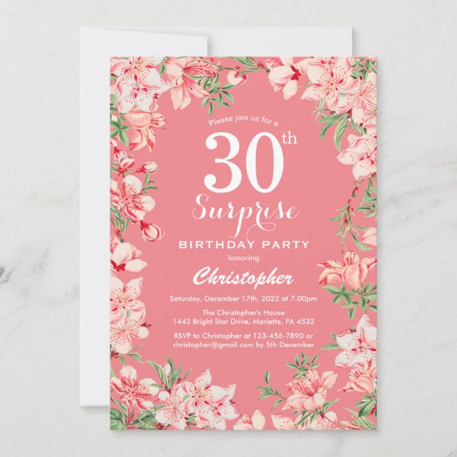 Invitation Surprise 30e anniversaire Boho rose botanique flor (Devant)