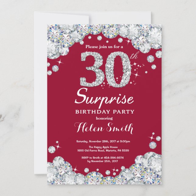 Invitation Surprise 30e anniversaire Bourgogne Rouge Argent D (Devant)