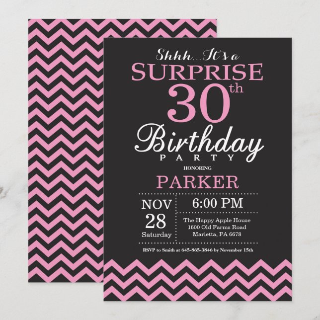 Invitation Surprise 30e anniversaire Chevron noir et rose (Devant / Derrière)