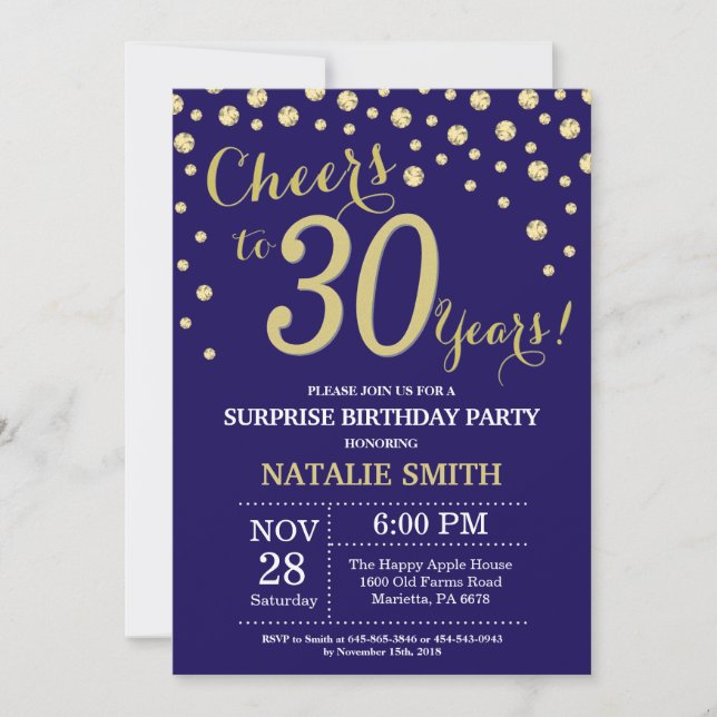 Invitation Surprise 30e anniversaire Marine Bleu et Diamant O (Devant)