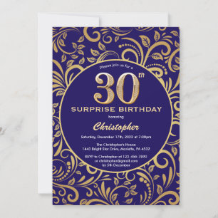 Invitation Surprise 30e anniversaire Marine bleu et or floral