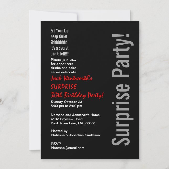 Invitation SURPRISE 30e anniversaire moderne noir blanc rouge (Devant)