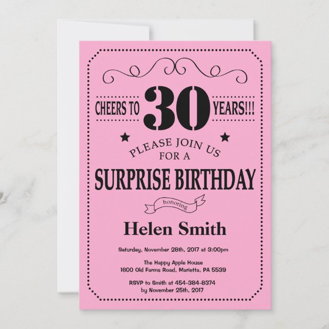 Invitation surprise 30e anniversaire Noir et rose (Devant)