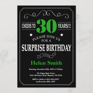 Invitation Surprise 30e anniversaire noir et vert Chalkboard