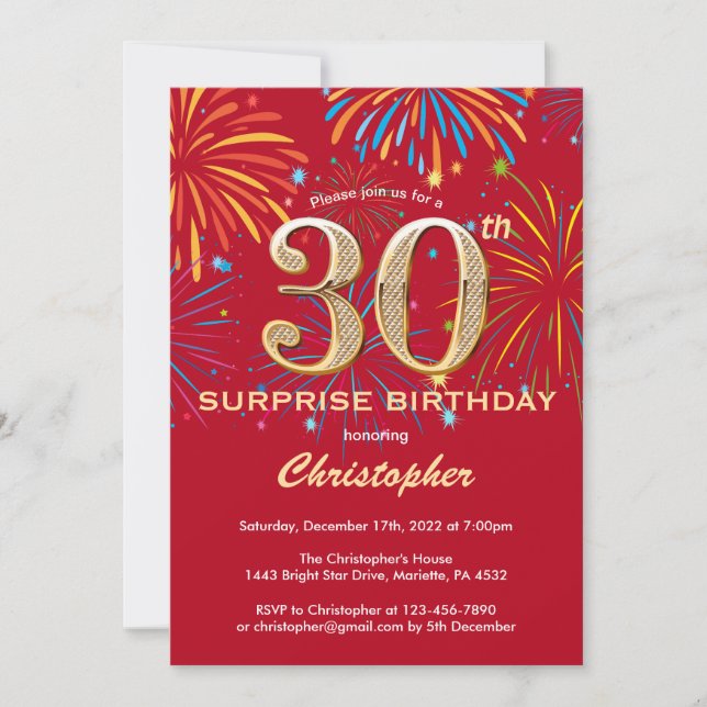 Invitation Surprise 30e anniversaire Red & Gold Rainbow Firew (Devant)