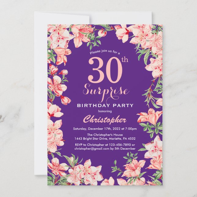 Invitation Surprise 30e anniversaire rose fleurs florales vio (Devant)