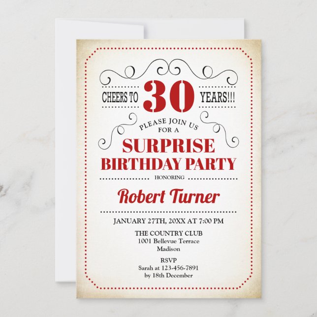 Invitation Surprise 30e anniversaire - Rouge Blanc Noir (Devant)