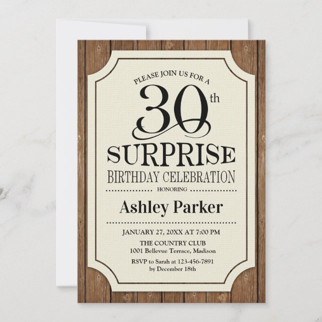 Invitation Surprise 30e fête d'anniversaire - Motif de bois (Devant)