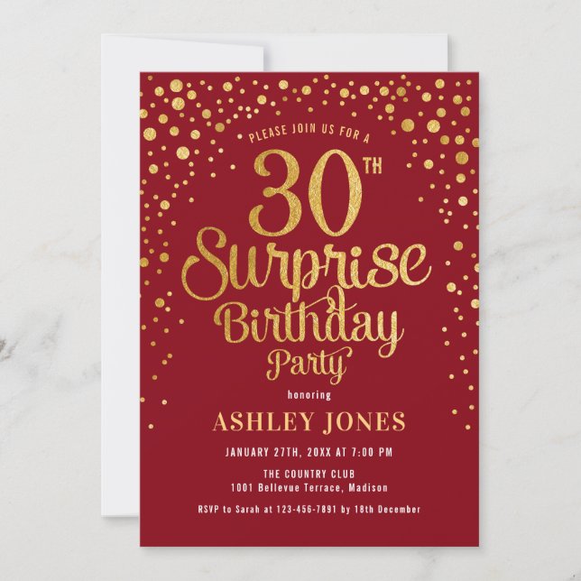Invitation Surprise 30e fête d'anniversaire - Rouge & Or (Devant)