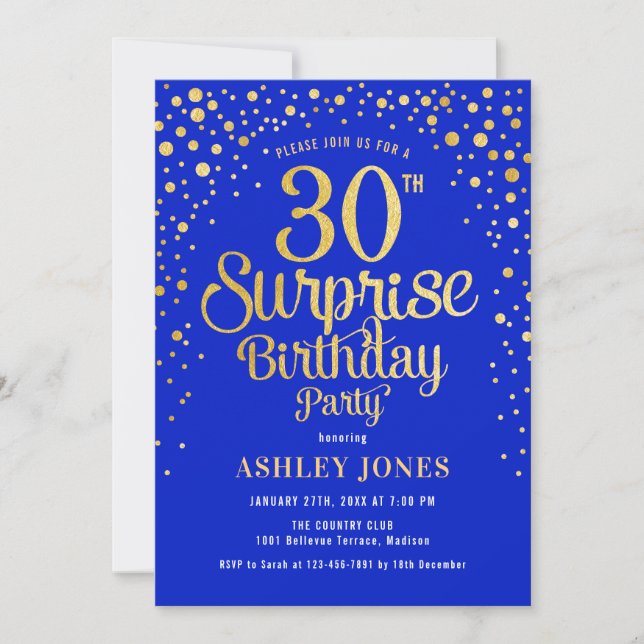 Invitation Surprise 30e fête d'anniversaire - Royal Blue & Go (Devant)