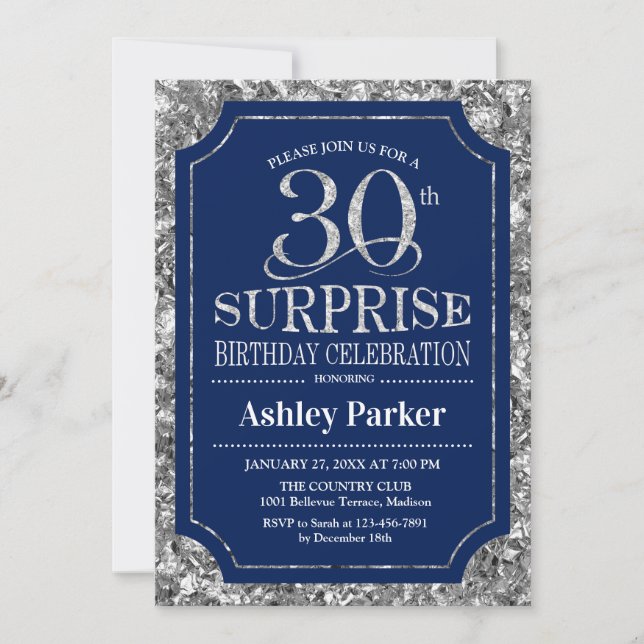 Invitation Surprise 30e fête d'anniversaire - Silver Navy Blu (Devant)