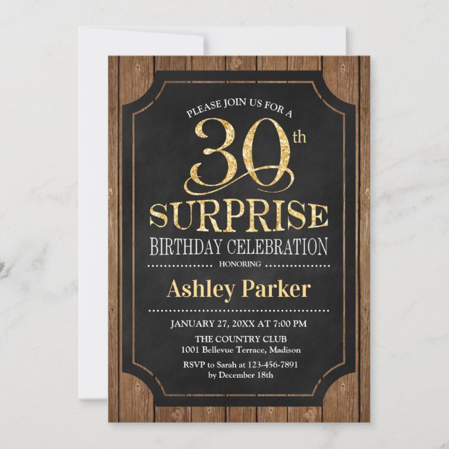 Invitation Surprise 30e fête d'anniversaire - Wood Gold (Devant)