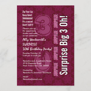 Invitation SURPRISE 30e Maroon d'anniversaire moderne Big 3 O