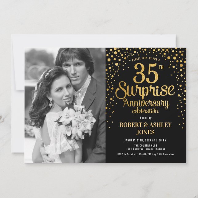 Invitation Surprise 35e anniversaire avec photo - Black Gold (Devant)