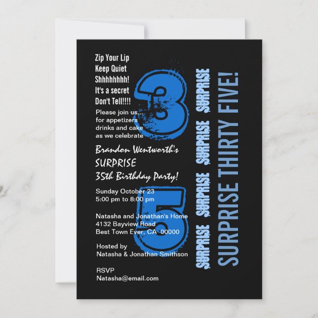 Invitation SURPRISE 35e anniversaire moderne bleu et noir (Devant)