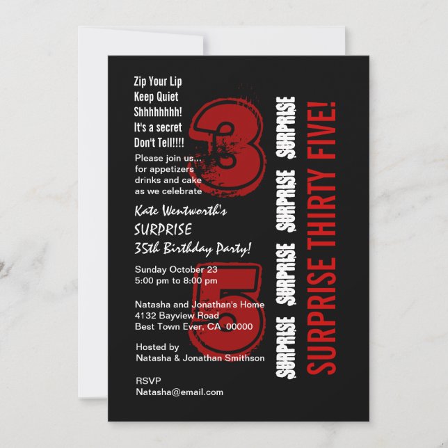 Invitation SURPRISE 35e anniversaire moderne Rouge noir et bl (Devant)